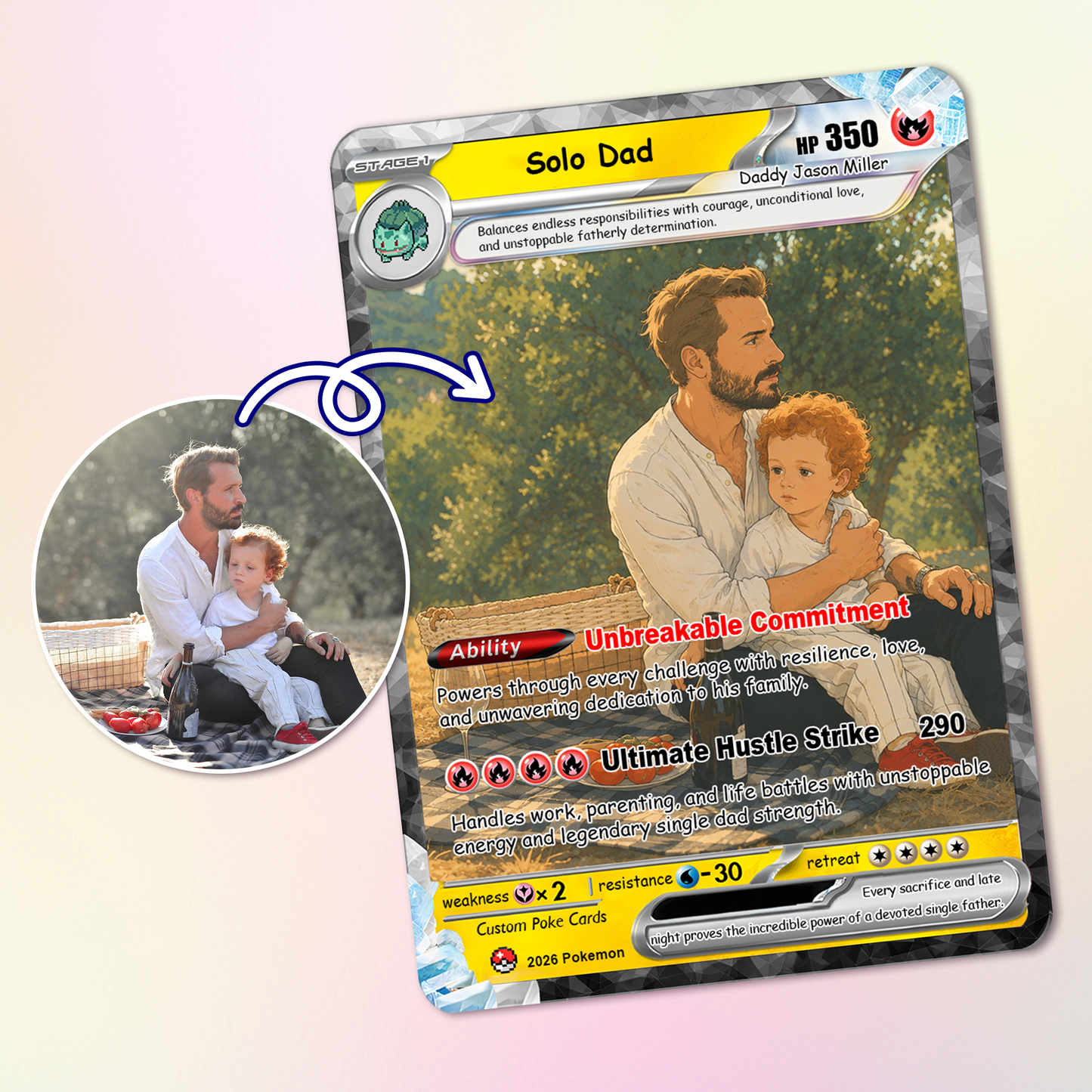 Single Dad Custom Pokémon Card for Father's Day - Comic Anime Style Personalized Pokémon Card for Solo Father - Perfect Gift from Kids & Friends - CPC-130