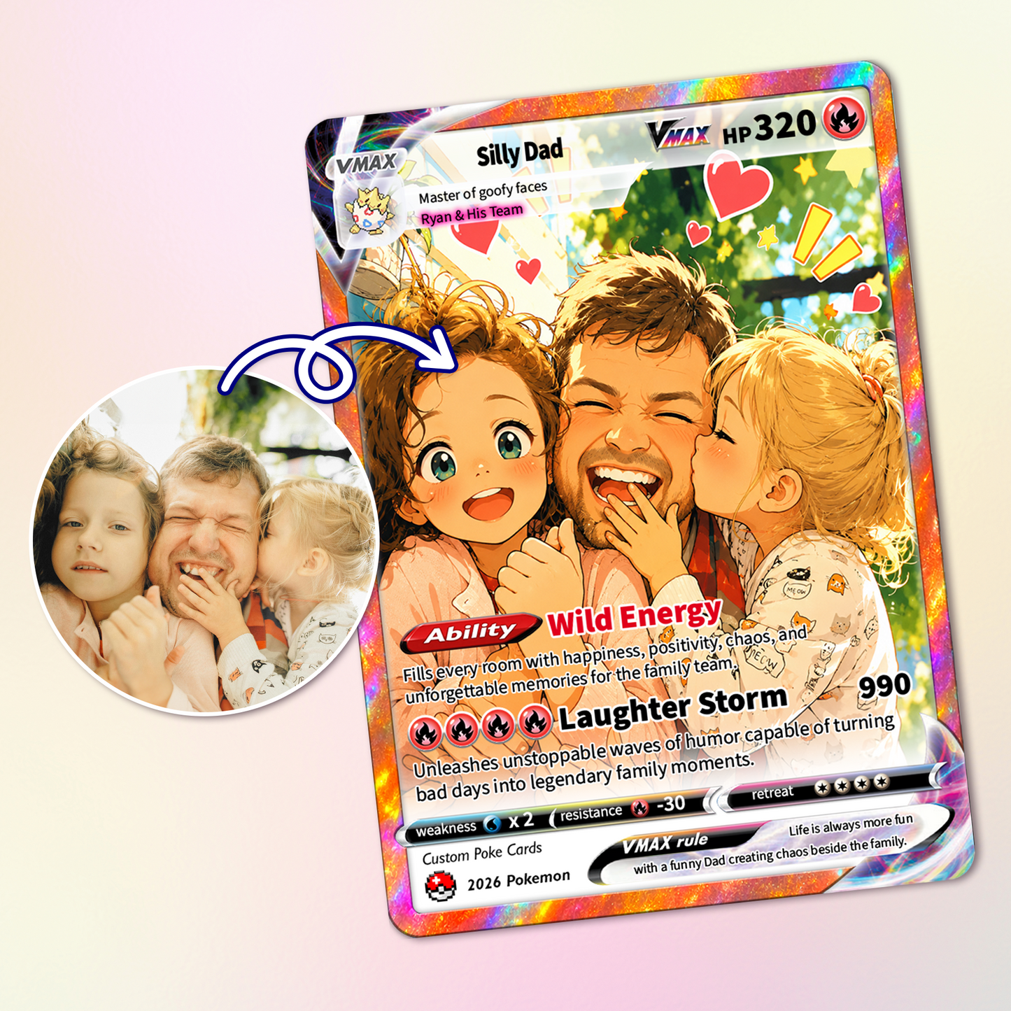 Father’s Day 2026 Custom Pokémon Card - Comic Anime Style Personalized Pokémon Card for Funny Dad - Perfect Gift from Wife & Kids - CPC-121