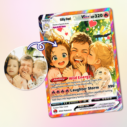 Father’s Day 2026 Custom Pokémon Card - Comic Anime Style Personalized Pokémon Card for Funny Dad - Perfect Gift from Wife & Kids - CPC-121