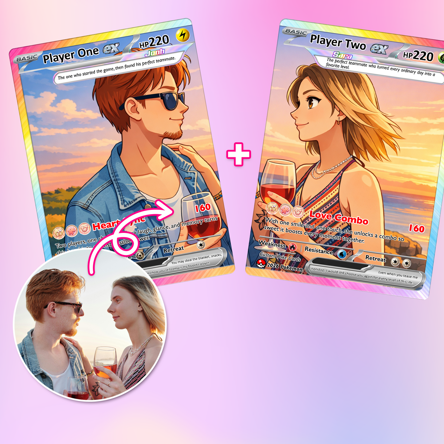 Matching Set Custom Pokémon Cards, Set of 2 Personalized Poke Cards, Buy 1 Get 2 Animated Style Gifts for Him and Her - CPC-100