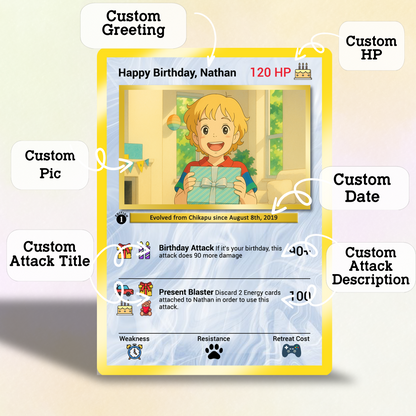 Happy Birthday Custom Pokémon Card, Anime Ghibli-style Art Transformation Personalized Pokémon Card for Date of Birth - CPC-49