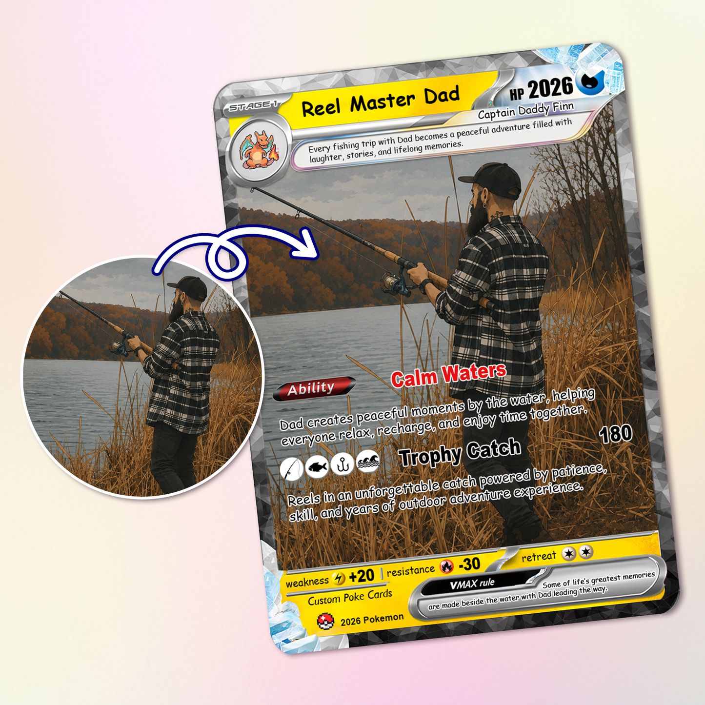Fishing Dad Custom Pokémon Card for Father's Day - Father’s Day Personalized Pokémon Card for Fishing Lovers - Comic Anime Customizable Gift from Wife, Son & Daughter - CPC-138