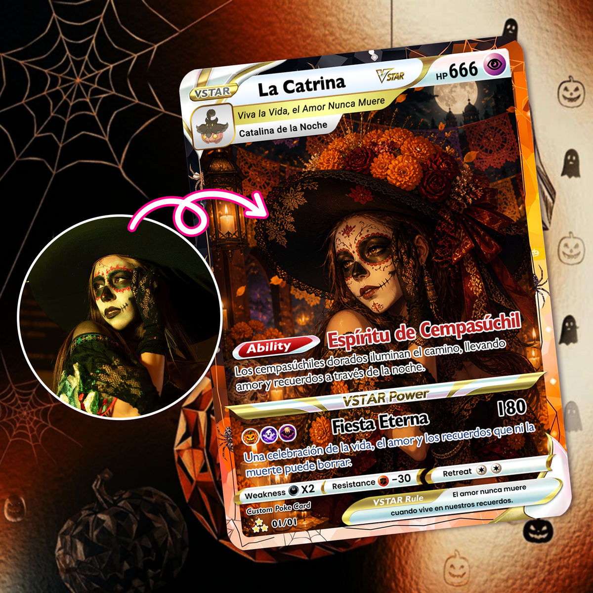 Custom Día de los Muertos Pokémon Card | Personalized Day of the Dead Card | La Catrina Gift for Him & Her - CPC-hlw-16