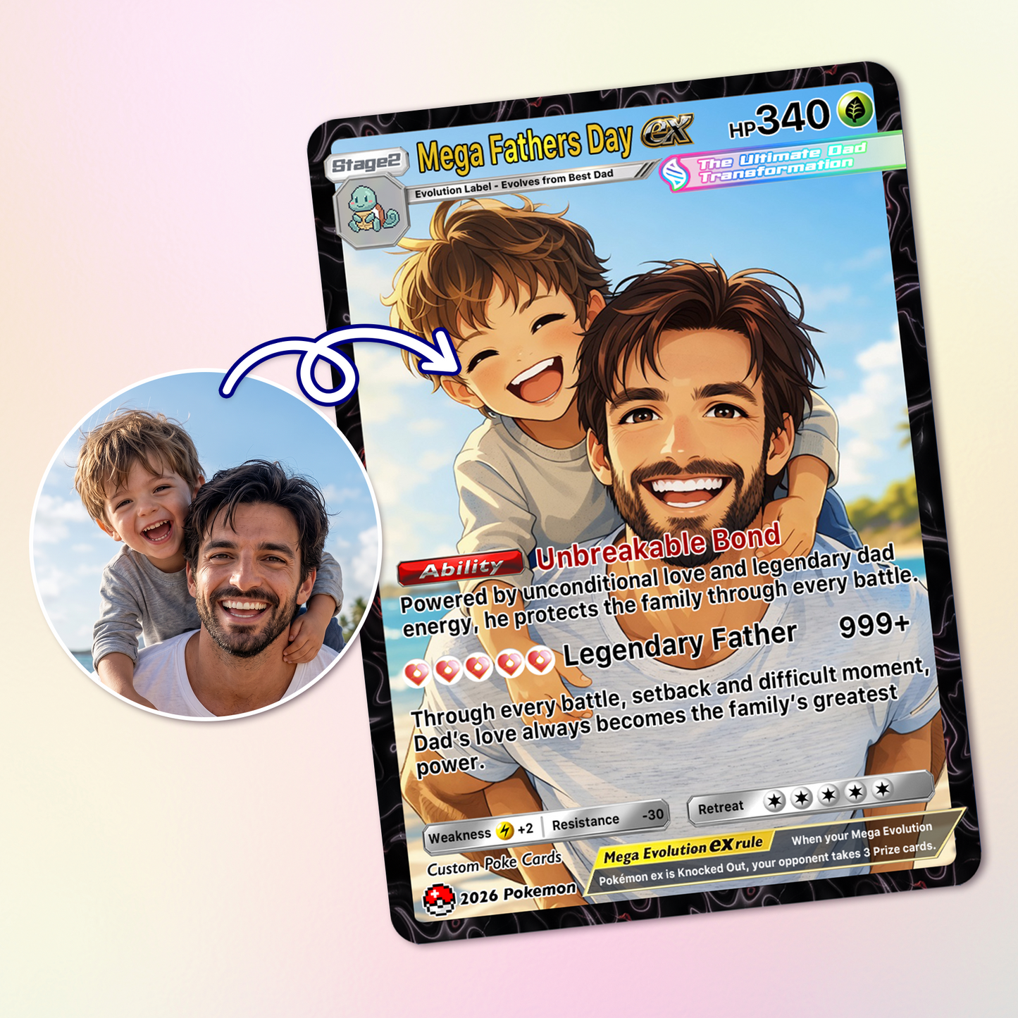 Happy Mega Father's Day Custom Pokémon Card - Comic Anime Style Personalized Pokémon Card for Dad - Perfect Gift for Dad - CPC-113