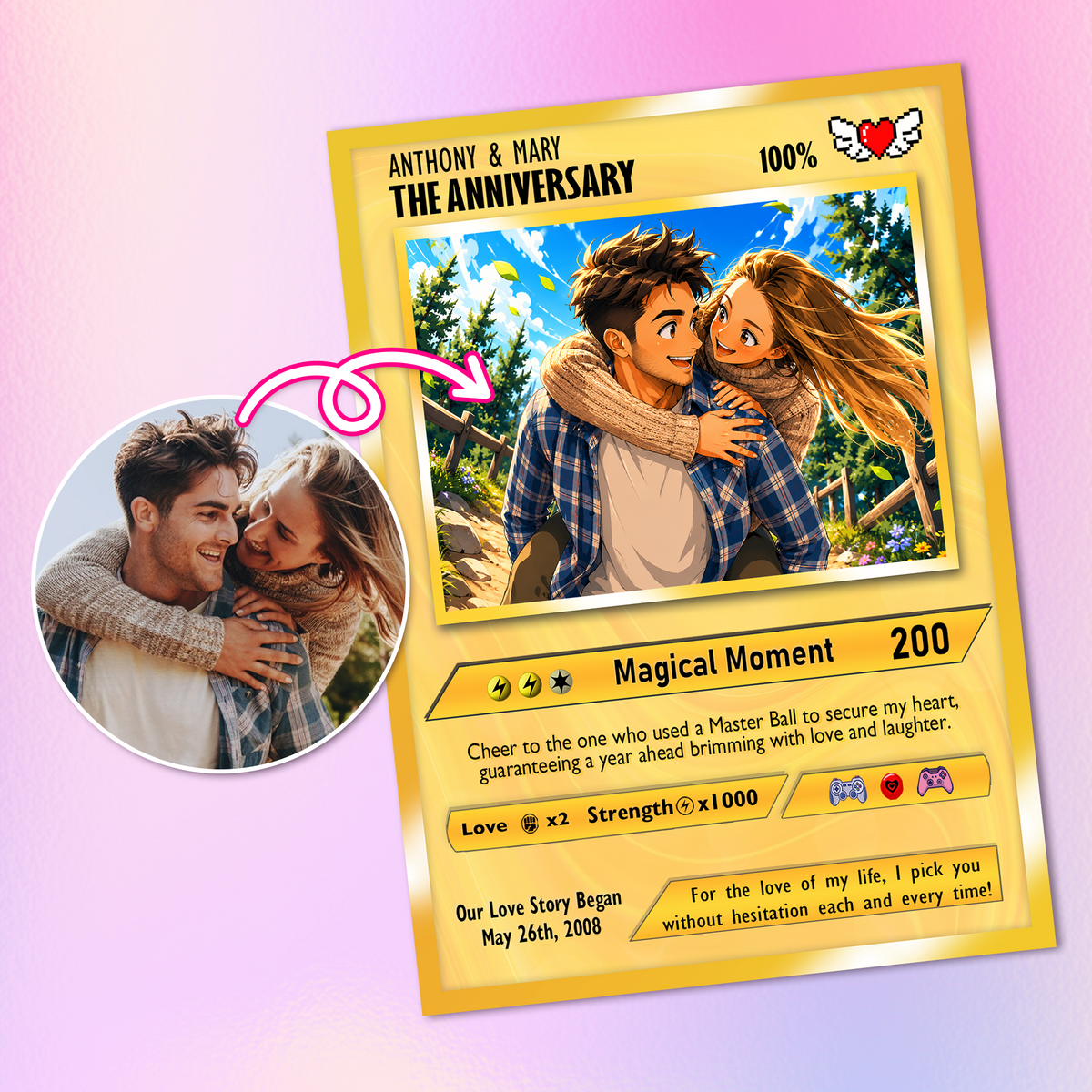 Custom Pokemon Card with Photo Transformation to Anime, Personalized Pokemon Card for Couples, Holographic Effect Available - CPC-70.A