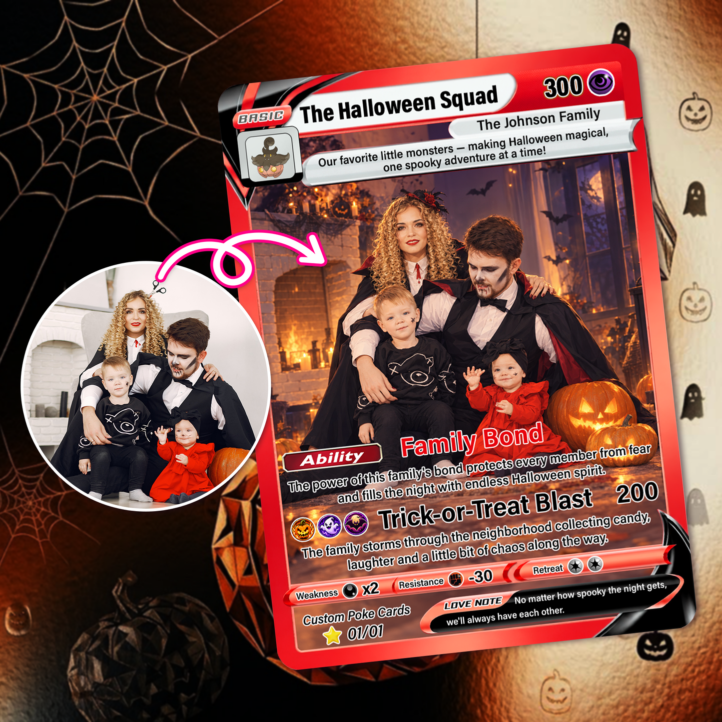 Family Halloween Custom Pokémon Cards with Anime Picture, Personalized Pokemon Cards, Animated Gifts for Family Memebers - CPC-hlw-02