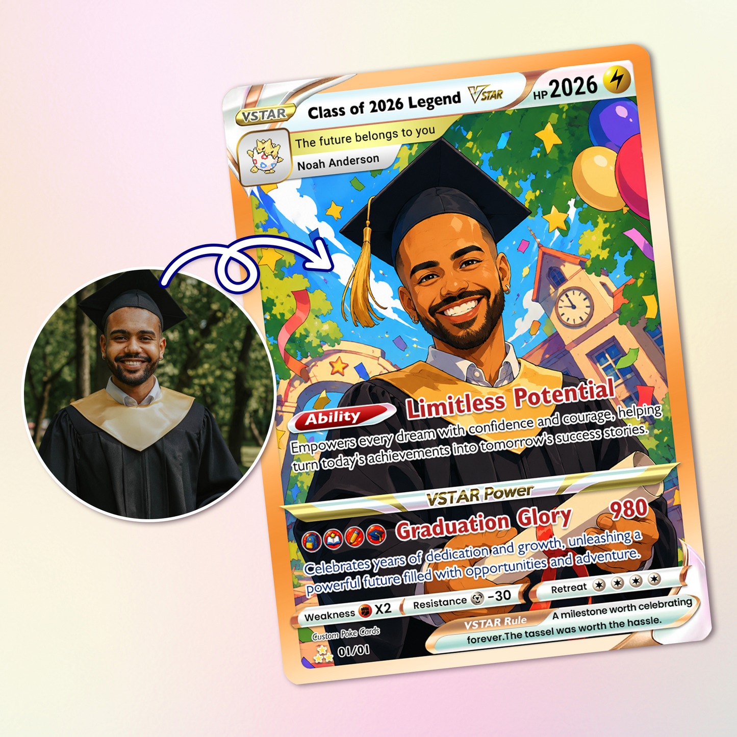 Graduation Custom Pokémon Card - Personalized Student Achievement Pokémon Card with Anime Picture for Kids, Students - Graduation Gift from Parents - CPC-BTS-06