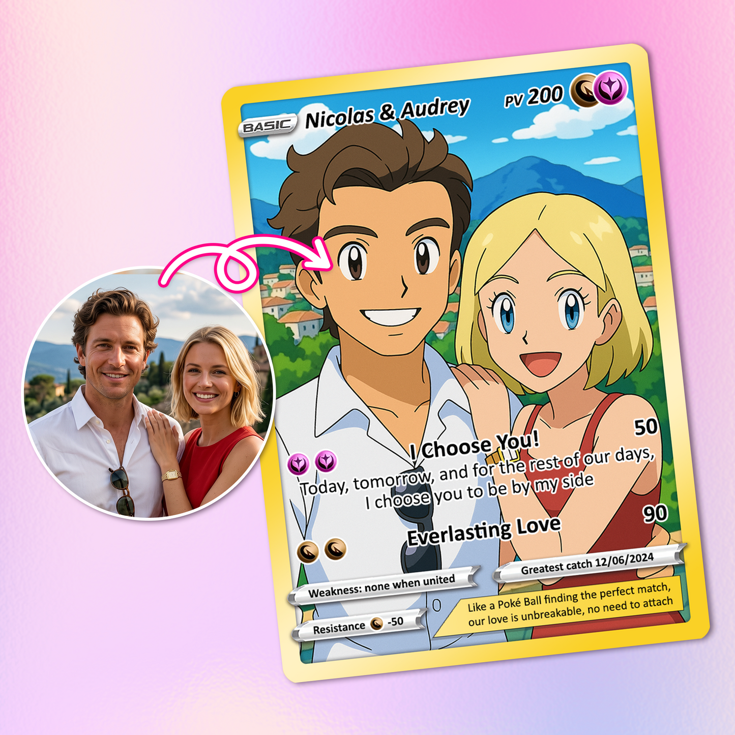Customizable Pokemon Card - Personalized Anime-Inspired Pokemon Card for Couples - Holographic Effect Available - CPC-28