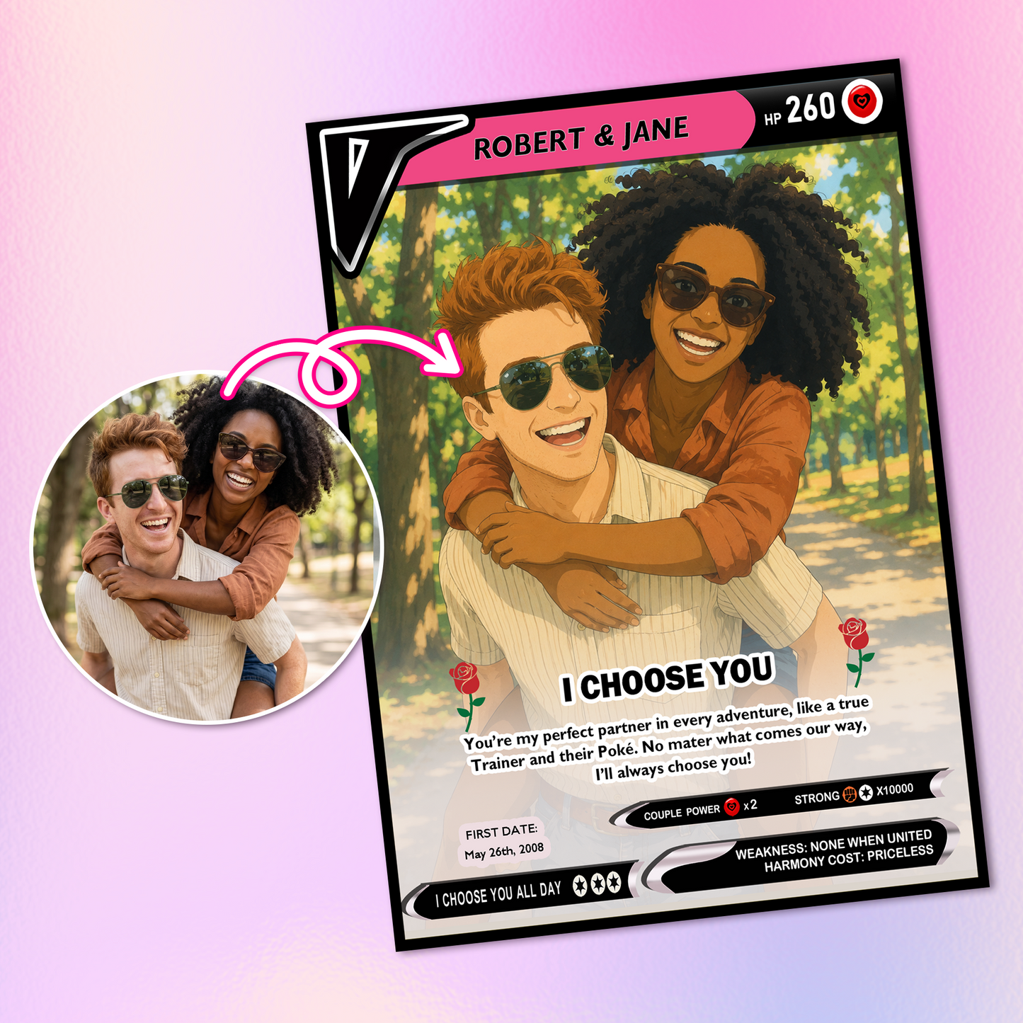 Custom Pokemon Card - Personalized Poke Card for Couples - Holographic Effect Available - CPC-29