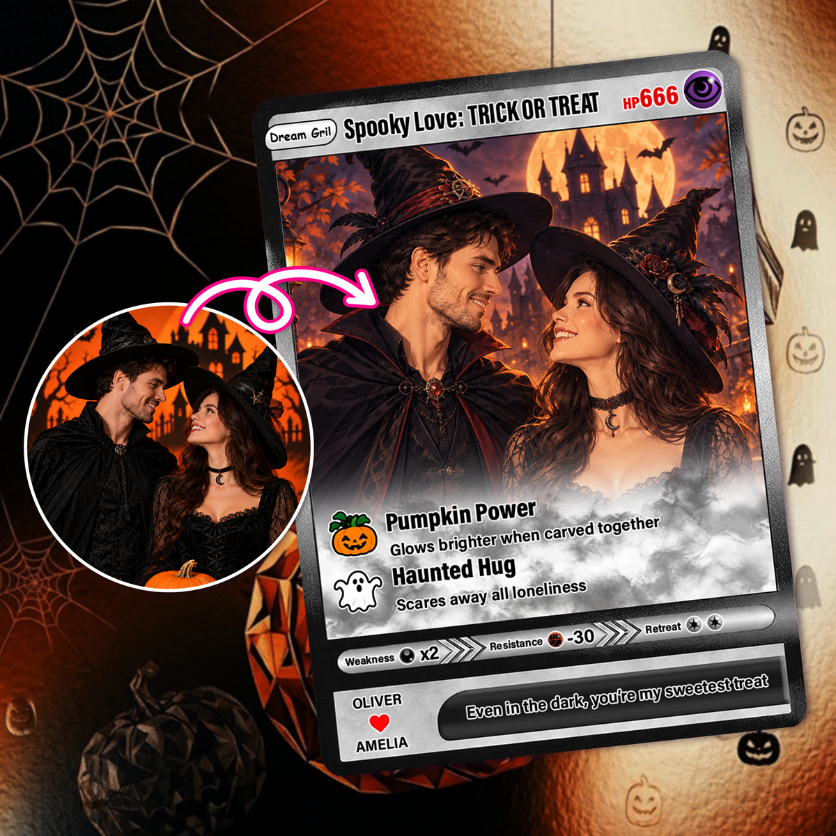 Halloween Custom Pokémon Cards with Animated Photo, Personalized Pokemon Cards, Customizable Gifts for Lovers, Husband and Wife - CPC-hlw-05
