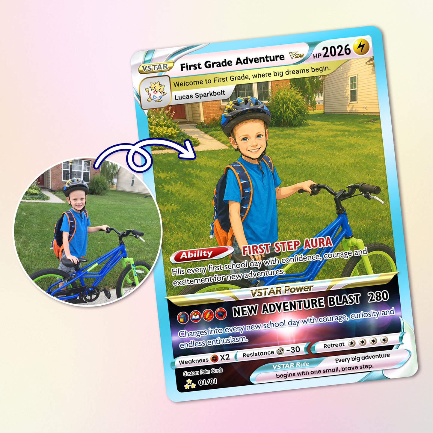 First Grade Adventure Custom Pokémon Card, First Day of School Personalized Pokémon Card, Customizable Animated Gift from Parents for Kids - Kindergarten Graduation Gift - CPC-BTS-24