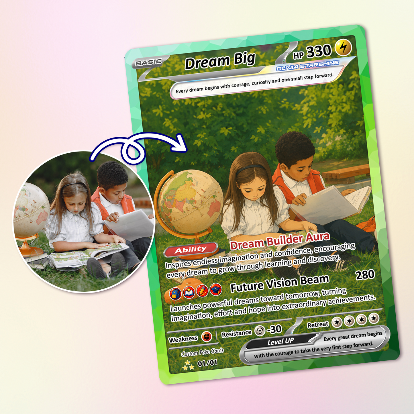 Back to School Custom Pokémon Card - Dream Big Personalized Pokémon Card with Anime Picture for Kids, Students - First Day of School Gift from Parents - CPC-BTS-20