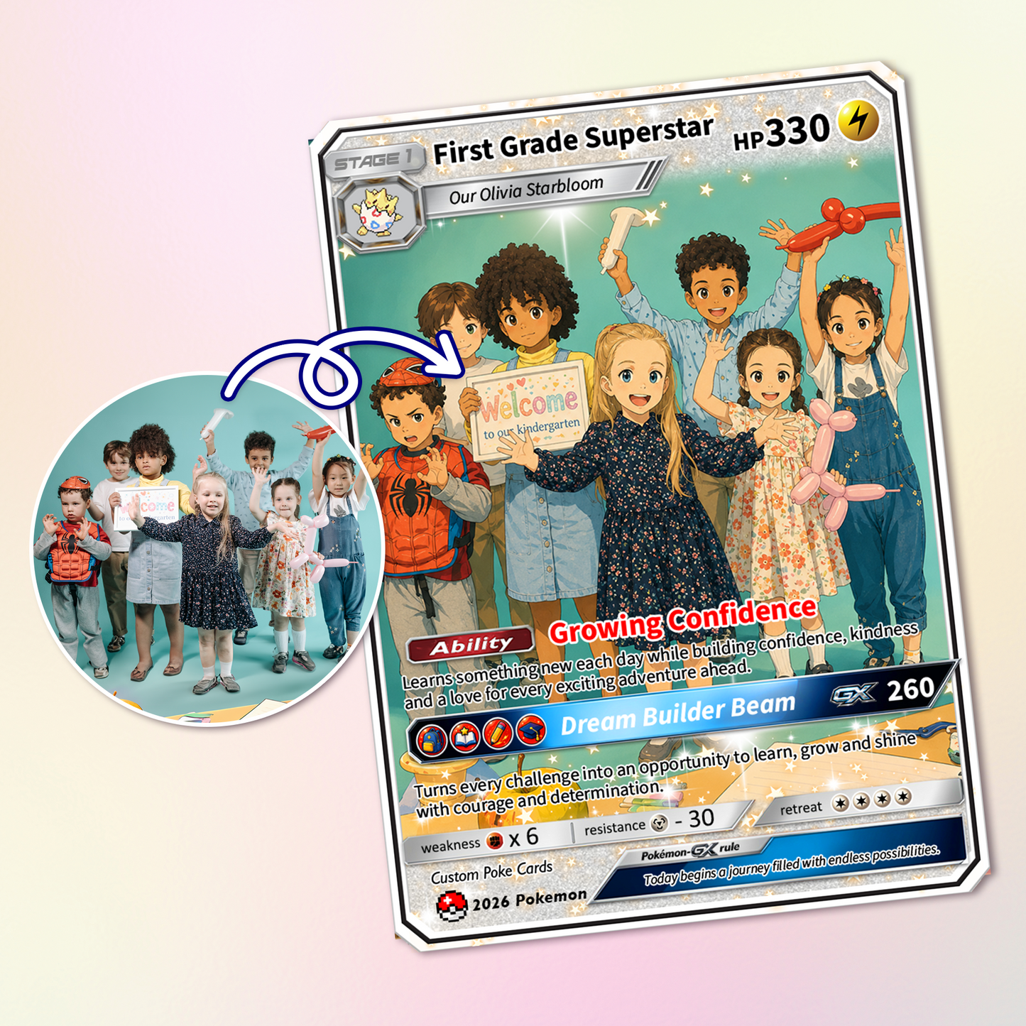First Grade Gift from Parents, First Day of School Custom Anime Pokémon Card, Personalized Pokémon Card for Kids - Kindergarten Graduation Gift - CPC-BTS-12