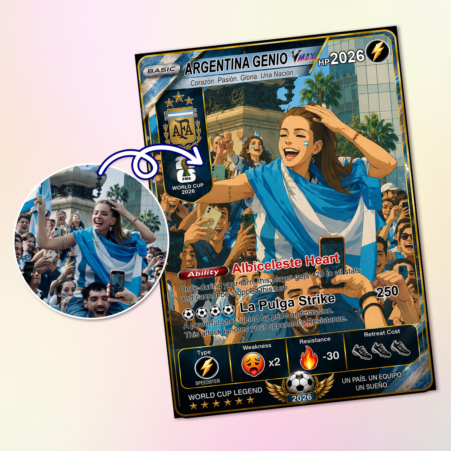 Custom World Cup 2026 Soccer Card, Personalized Football Trading Card, Pokémon-Style Fan Card with Photo, Unique Gift for Soccer Fans - CPC-WC-ARG