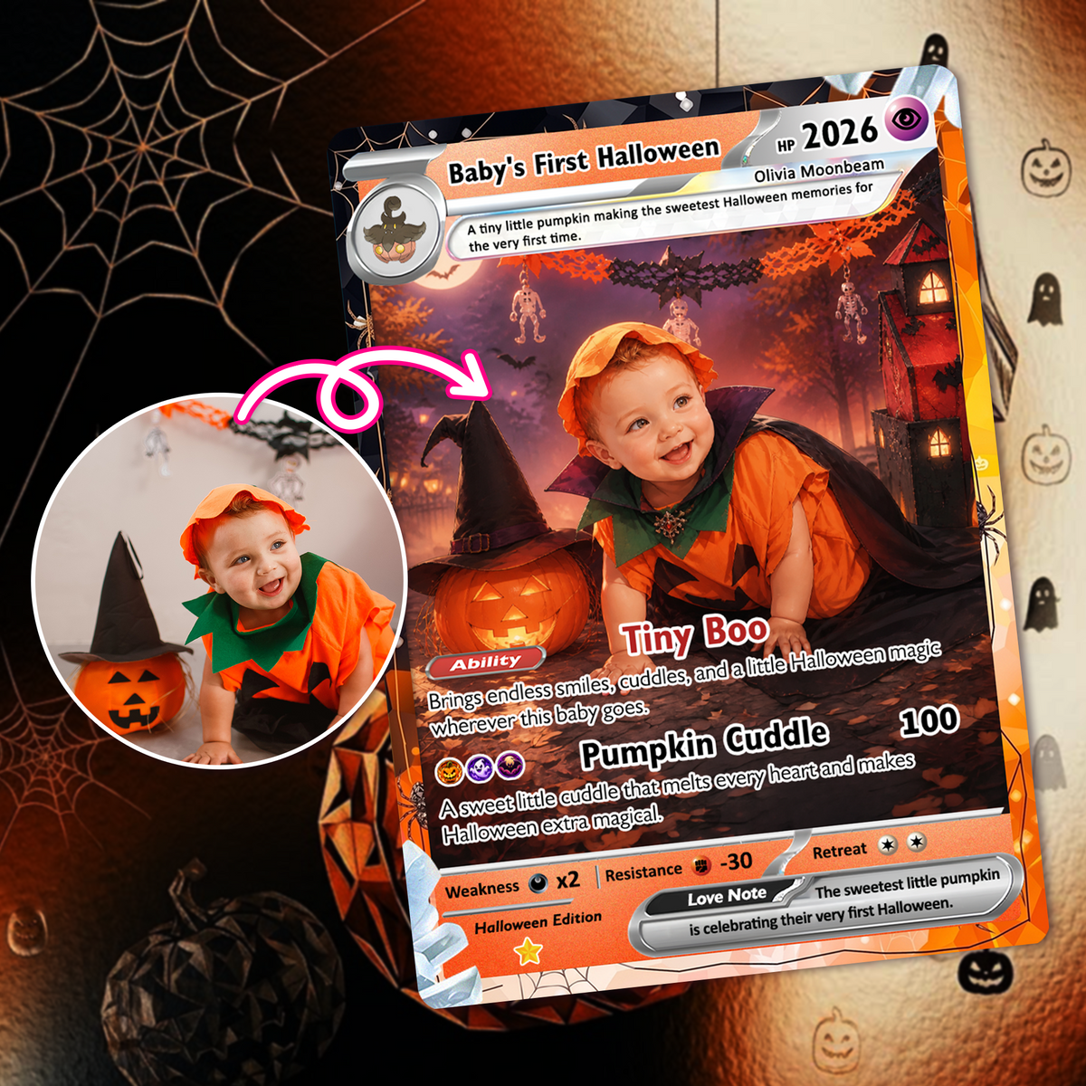 Baby’s First Halloween Custom Pokémon Card, The First Halloween Animated Photo Card, Personalized Baby Keepsake, First Halloween Gift, Custom Pokémon Card - CPC-hlw-13