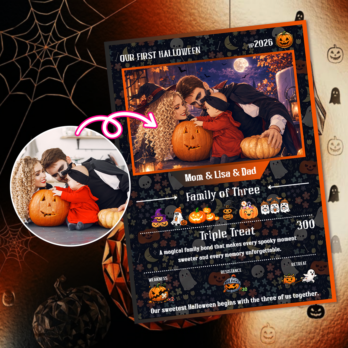 Custom Pokémon Card – First Halloween as a Family of Three, Halloween Anime Transformation Metal Card, Personalized Family of 3 Gift, New Family Keepsake - CPC-hlw-14