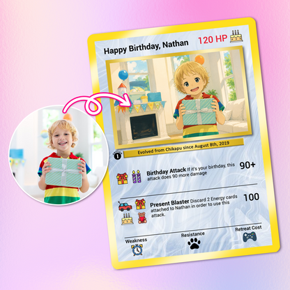 Happy Birthday Custom Pokémon Card, Anime Ghibli-style Art Transformation Personalized Pokémon Card for Date of Birth - CPC-49