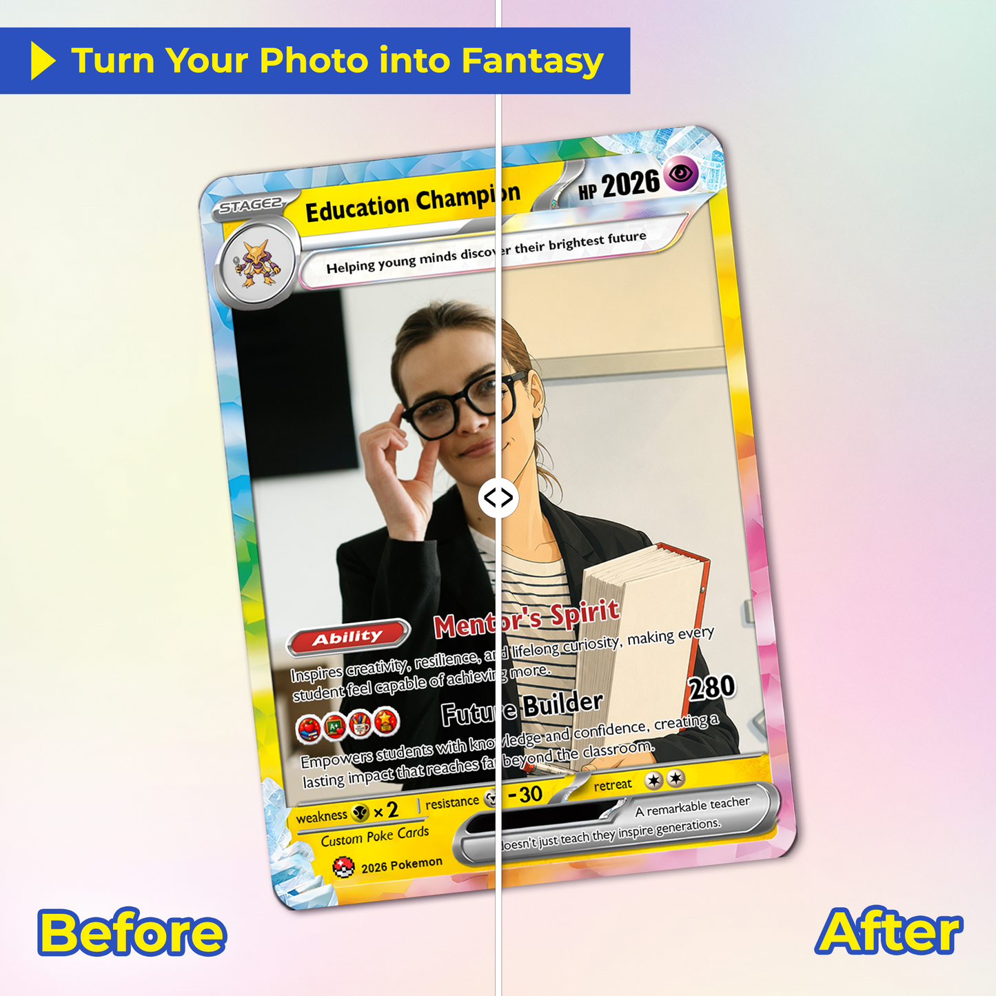 Education Champion Custom Pokemon Cards, Teacher Appreciation Gift Card, Change Your Photo to Anime Styles, Thank You Teacher Gift, Personalized Pokemon Cards - CPC-BTS-08