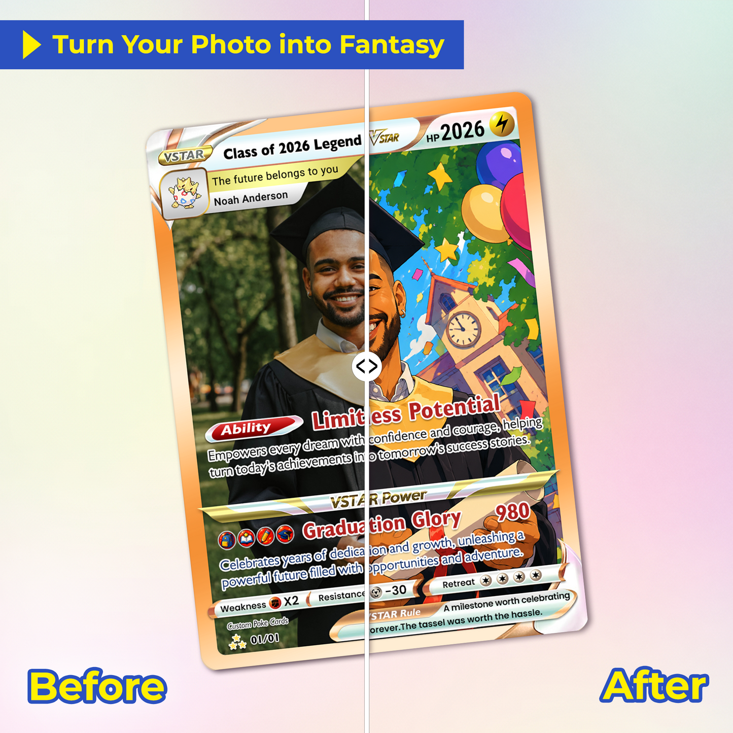 Graduation Custom Pokémon Card - Personalized Student Achievement Pokémon Card with Anime Picture for Kids, Students - Graduation Gift from Parents - CPC-BTS-06