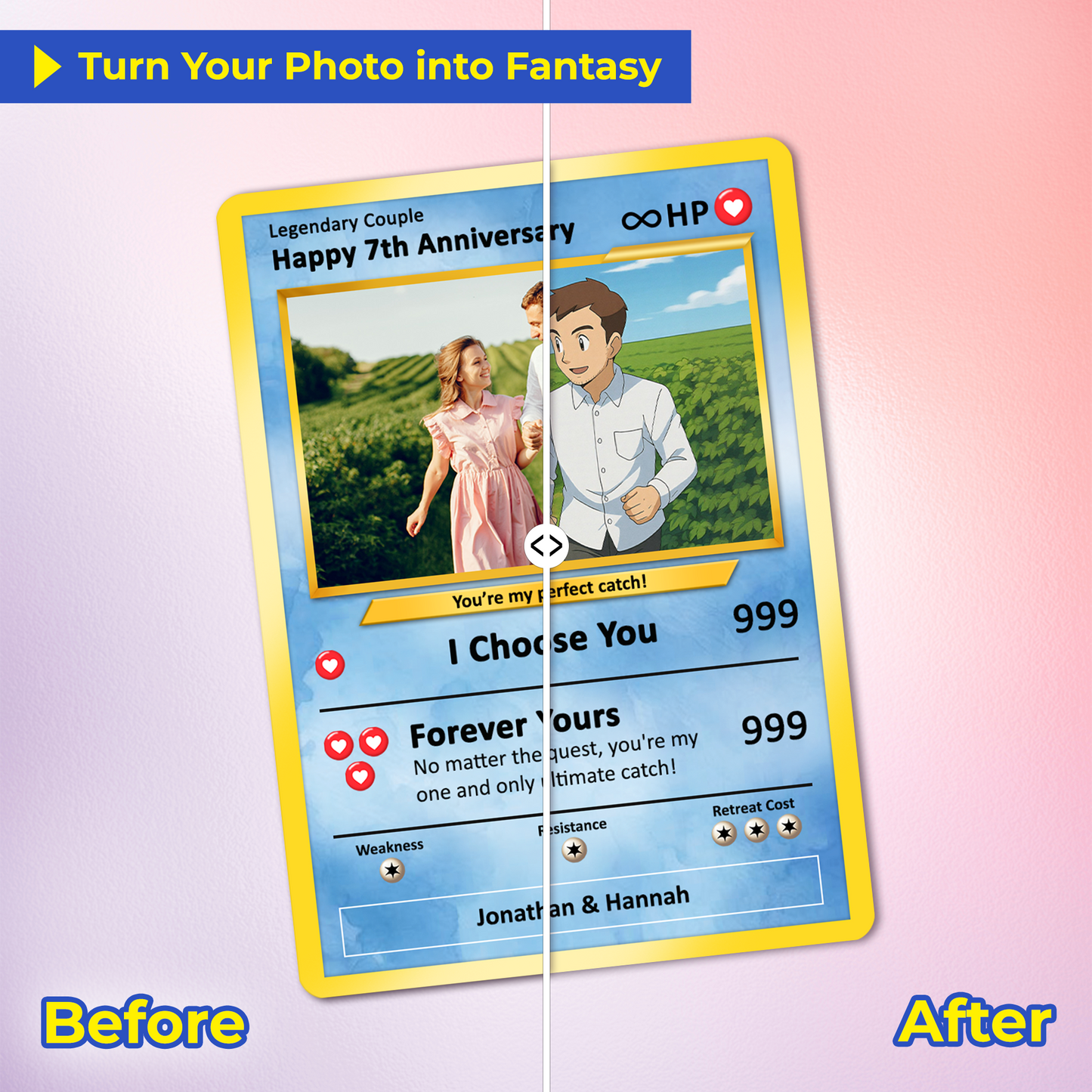 Personalized Pokemon Card for Couples with Anime Style - Custom Couple Pokemon Card for Him Her - Custom Names Anniversary - CPC-36