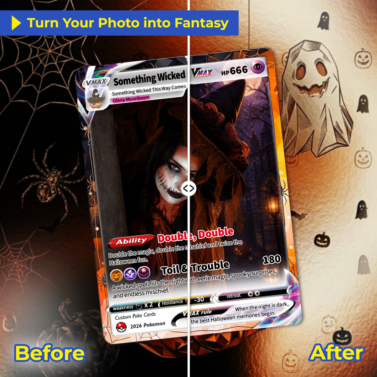 Custom Halloween Witch Pokémon Card with Anime Picture, Personalized Pokémon Cards, Spooky Halloween Gift for Her - CPC-hlw-15