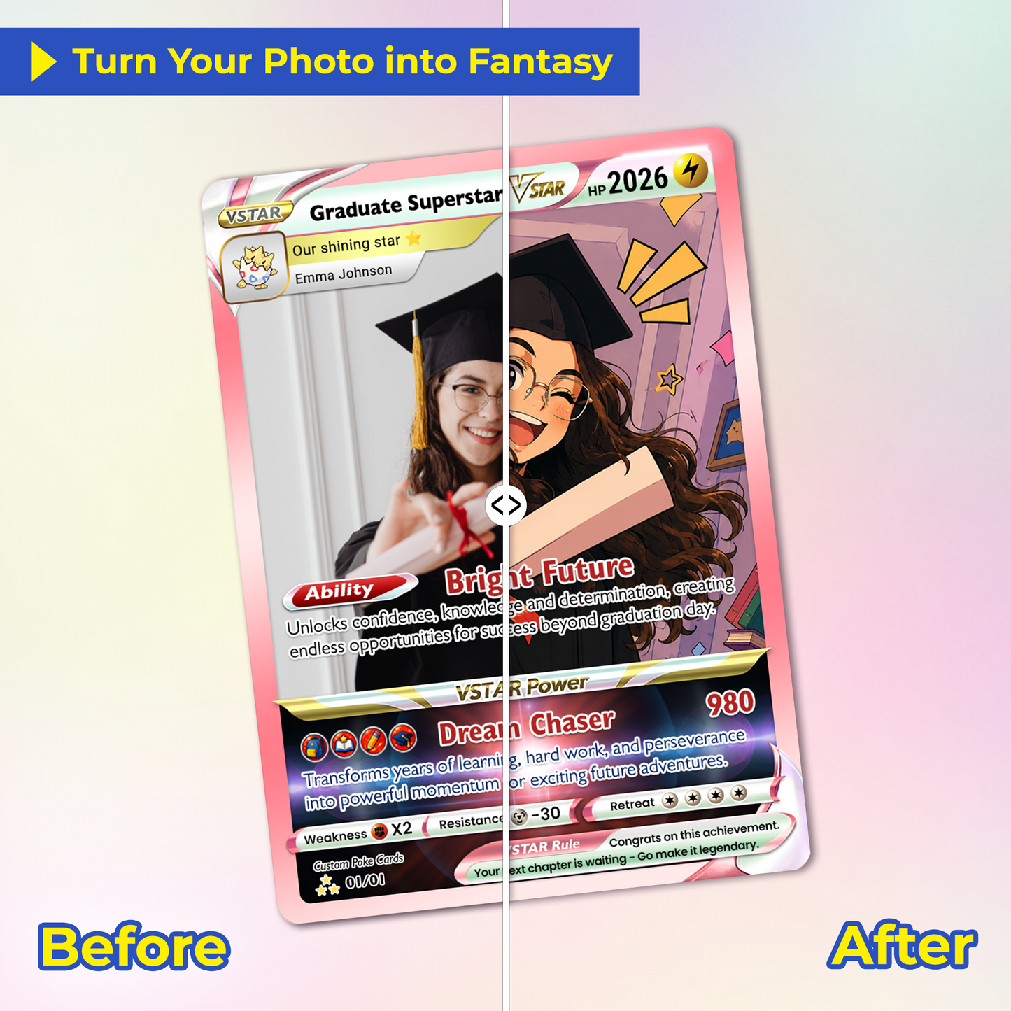 Graduate Superstar Personalized Pokémon Card - Custom Student Achievement Pokémon Card with Anime Picture for Kids, Students - Graduation Gift from Parents - CPC-BTS-05