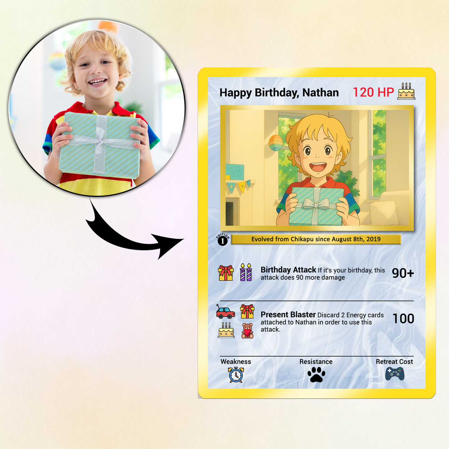 Happy Birthday Custom Pokémon Card, Anime Ghibli-style Art Transformation Personalized Pokémon Card for Date of Birth - CPC-49