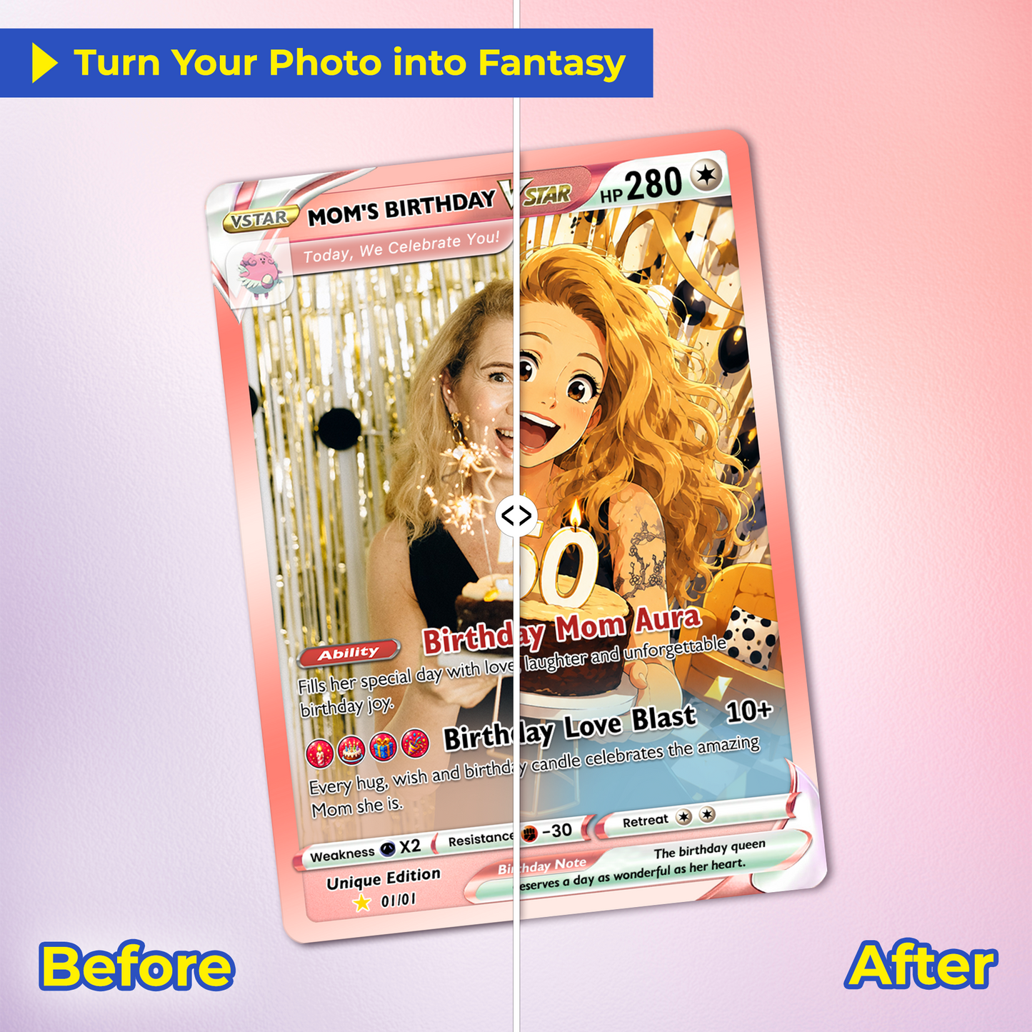 Happy Birthday Custom Pokémon Card for Moms - Personalized Pokémon Card by Animated Photo - Customizable Pokémon Gift from Kids, Husband for Mom & Wife - CPC-DOB-04