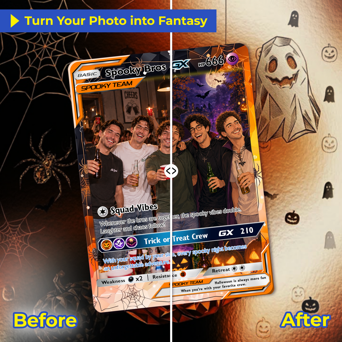 Halloween Custom Pokémon Card for Best Friends, Personalized Pokémon Card with Animated Photo, Customizable Group Gift, Custom Halloween Gift for Friends, Pokémon Party Gift - CPC-hlw-11