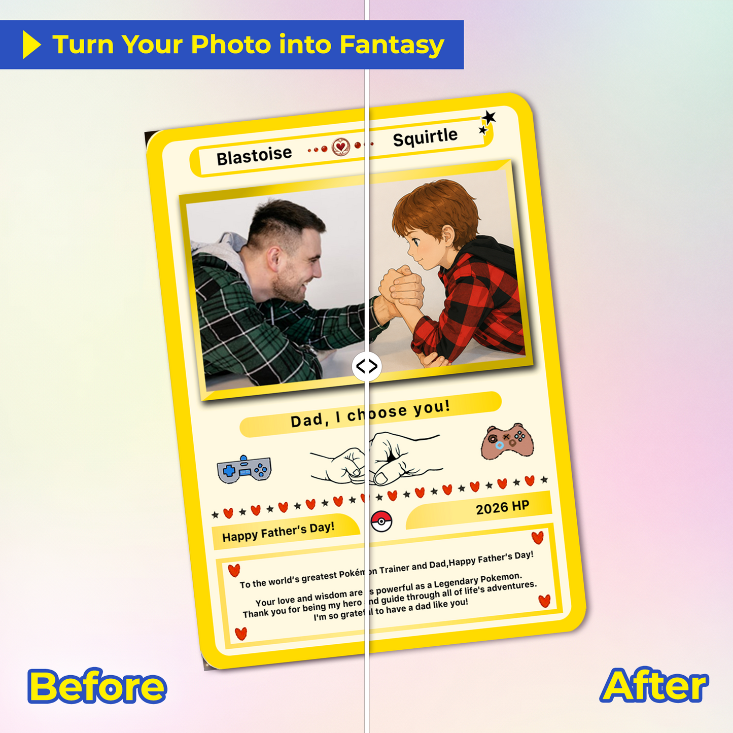 Happy Father’s Day Personalized Pokemon Card - Anime Inspired Personalized Pokémon Card for Trainer Dad - Customizable Gift from Supporter, Wife, Son & Daughter - CPC-108.B