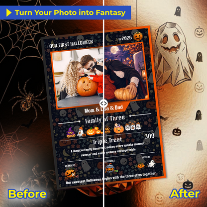 Custom Pokémon Card – First Halloween as a Family of Three, Halloween Anime Transformation Metal Card, Personalized Family of 3 Gift, New Family Keepsake - CPC-hlw-14