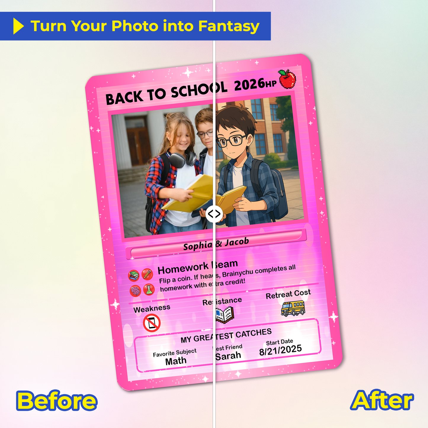 Anime Style Back to School Custom Pokemon Cards, Personalized Pokemon Card for First Day of School, Gift for Students, Son, Daughter - CPC-68