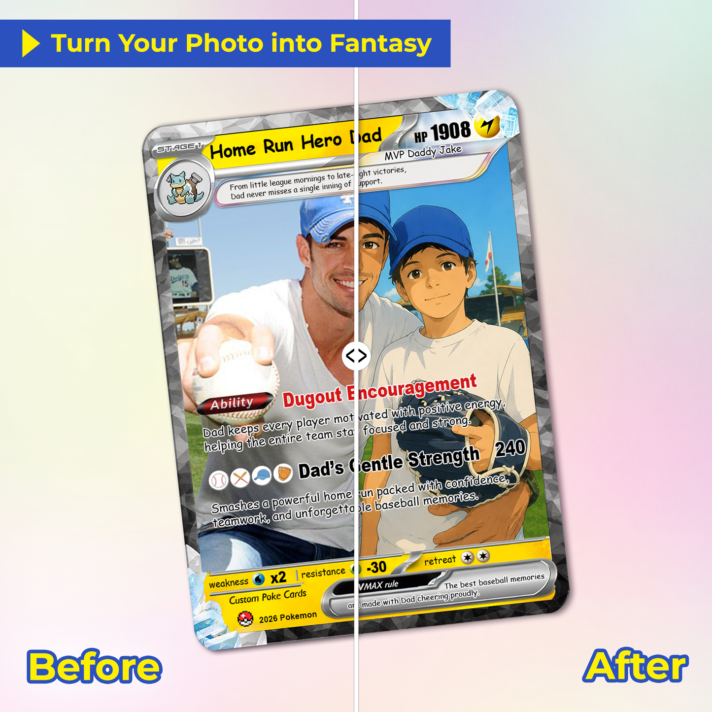 Baseball Dad Custom Pokémon Card for Father's Day - Father’s Day Personalized Pokémon Card for Sport Dad - Comic Anime Style Customizable Gift from Supporter, Wife, Son & Daughter - CPC-134