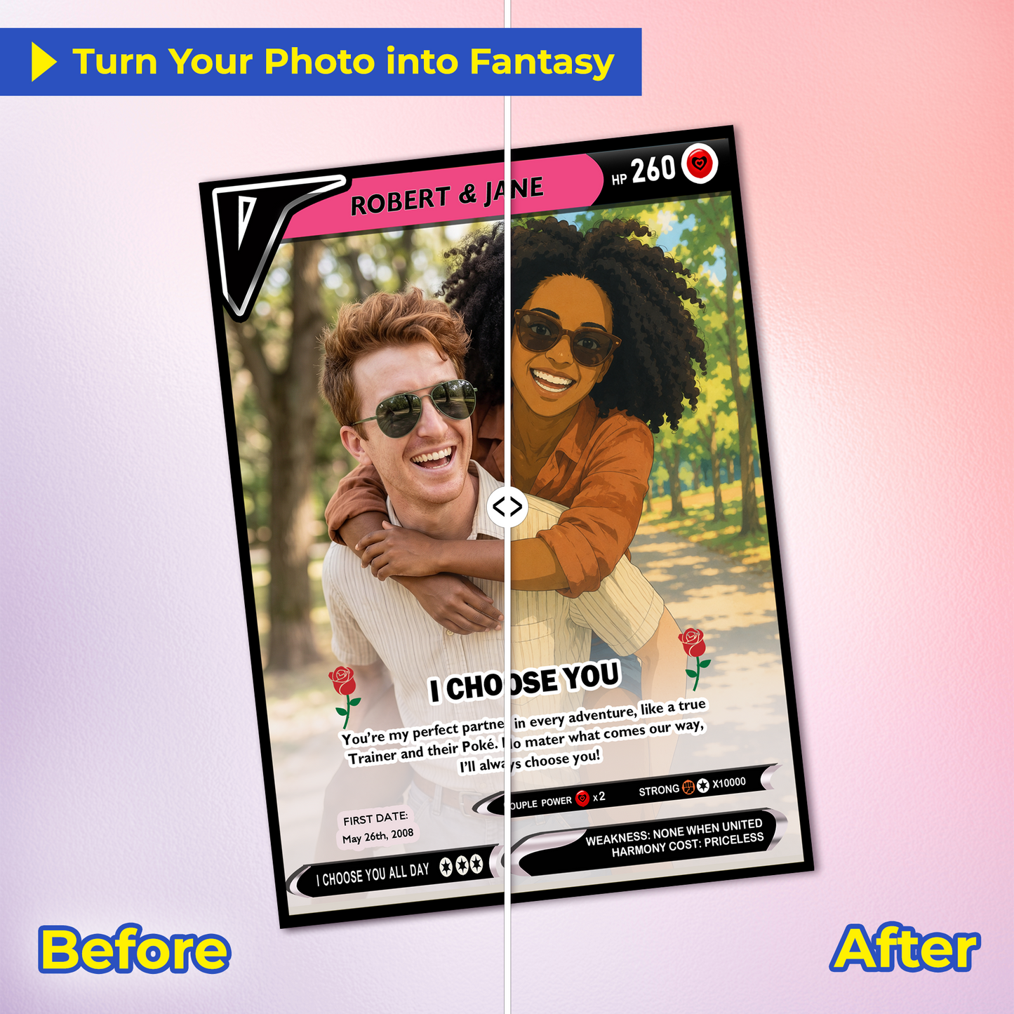 Custom Pokemon Card - Personalized Poke Card for Couples - Holographic Effect Available - CPC-29