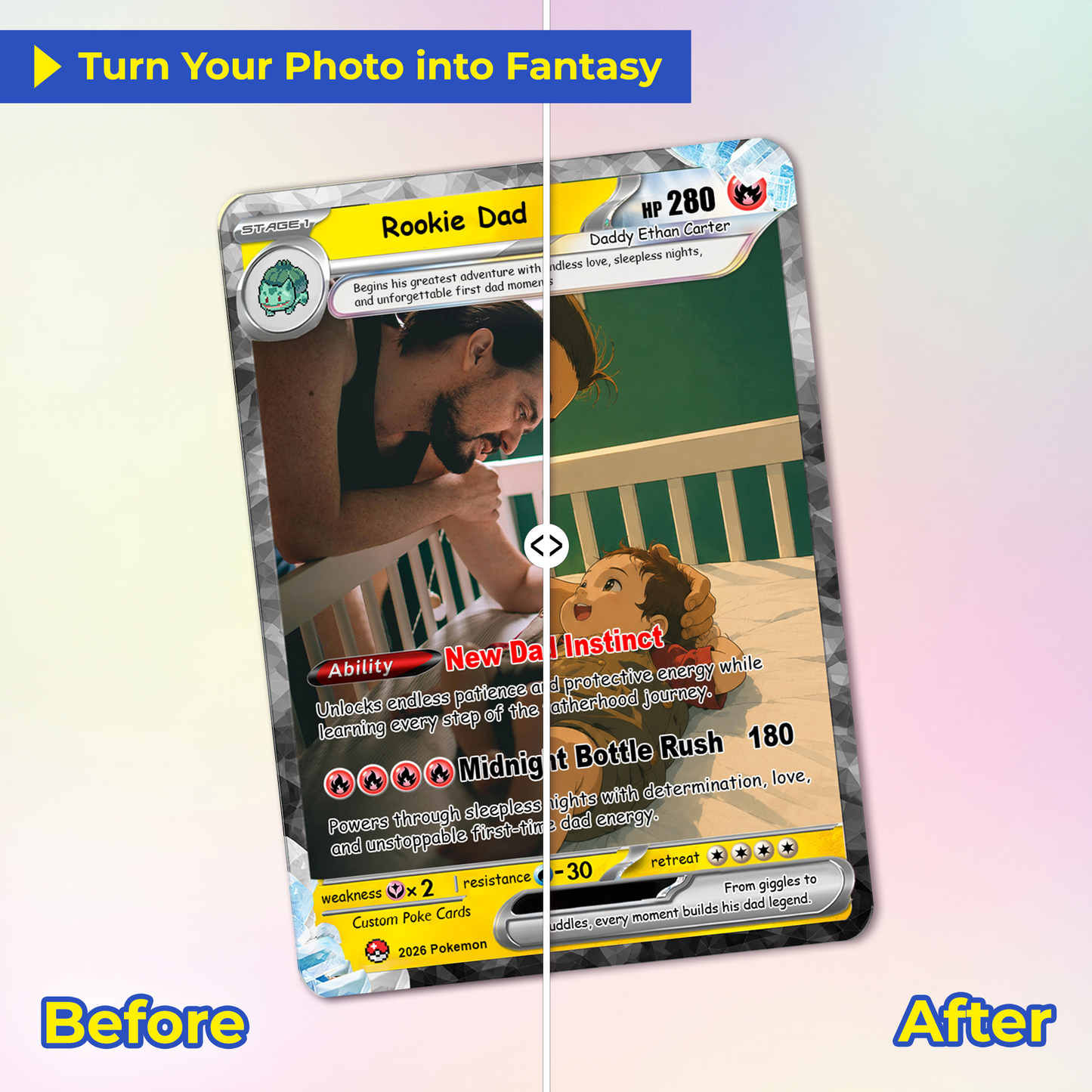 First-Time Dads Custom Pokémon Card - Comic Anime Style Personalized Pokémon Card for First Father’s Day - Perfect Gift for New Dads - CPC-126