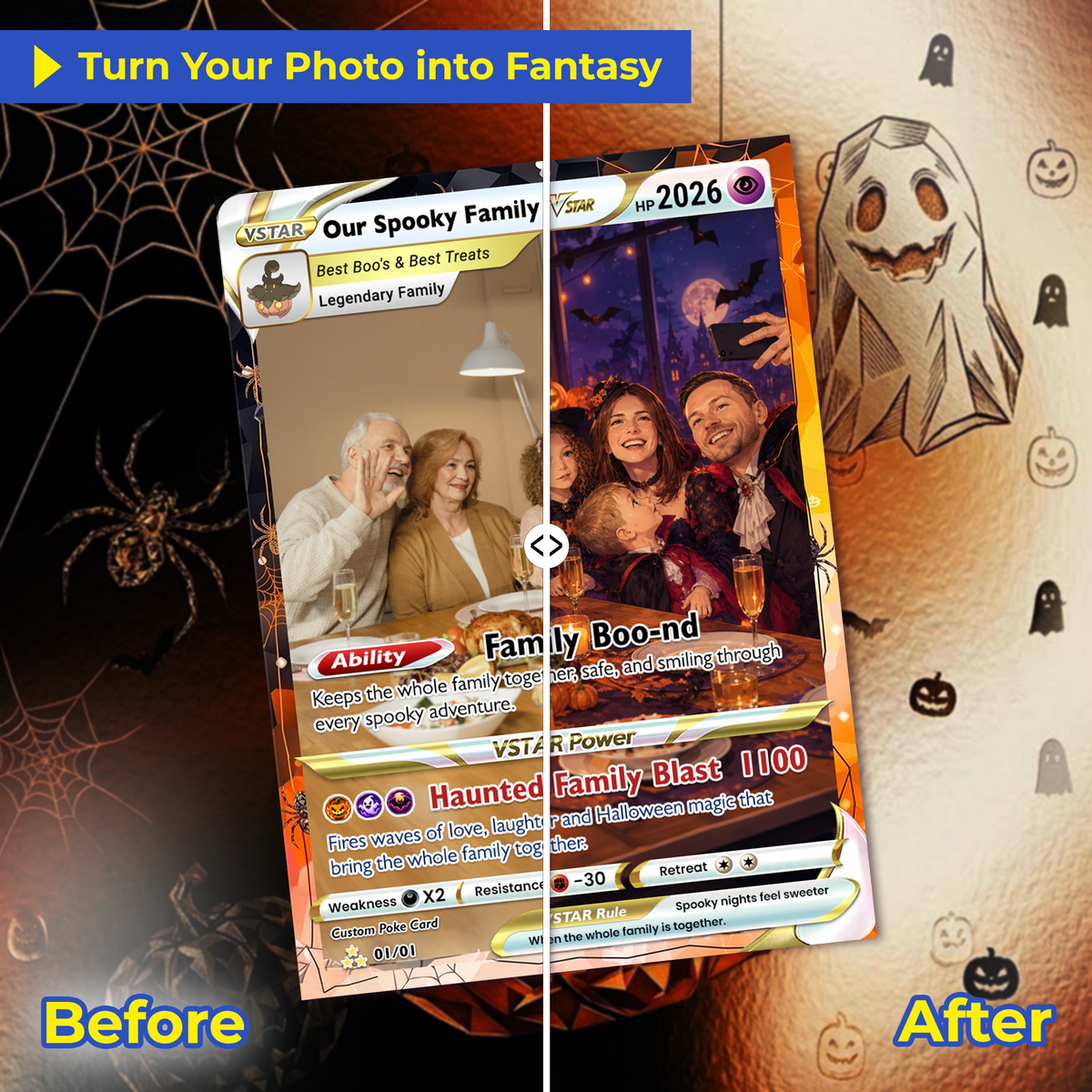Family Halloween Custom Pokémon Cards with Anime Picture, Personalized Pokemon Cards, Animated Gifts for Family Members - CPC-hlw-09