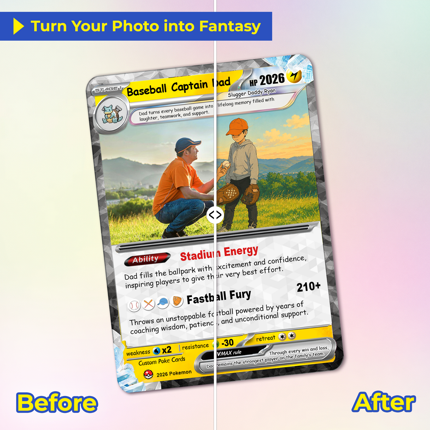 Happy Father's Day Custom Pokémon Card for Baseball Dad - Father’s Day Personalized Pokémon Card for Sport Dad - Comic Anime Customizable Gift from Supporter, Wife, Son & Daughter - CPC-135