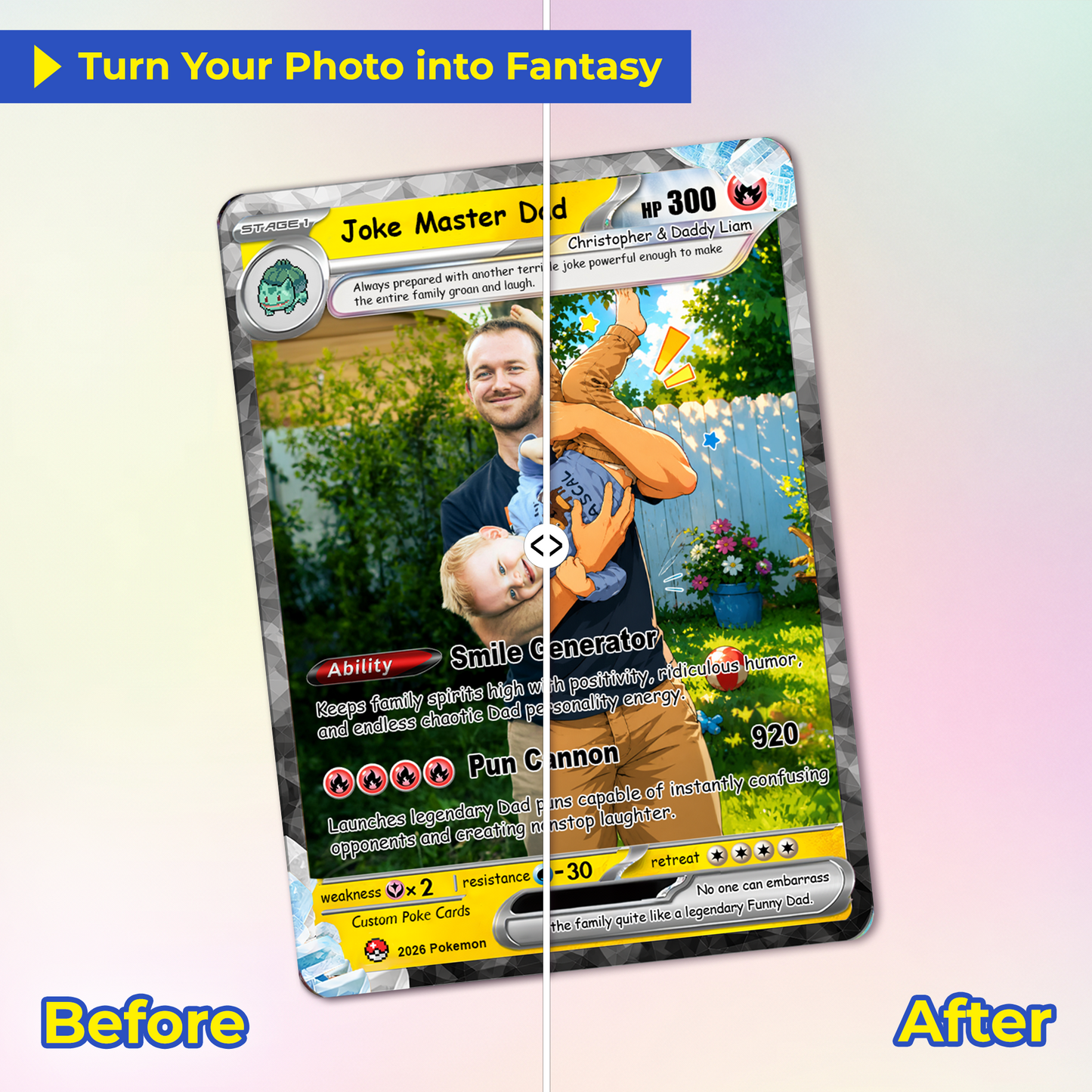 Funny Happy Father's Day Custom Pokémon Card - Comic Anime Style Personalized Pokémon Card for Funny Dad - Perfect Gift from Wife & Kids - CPC-122
