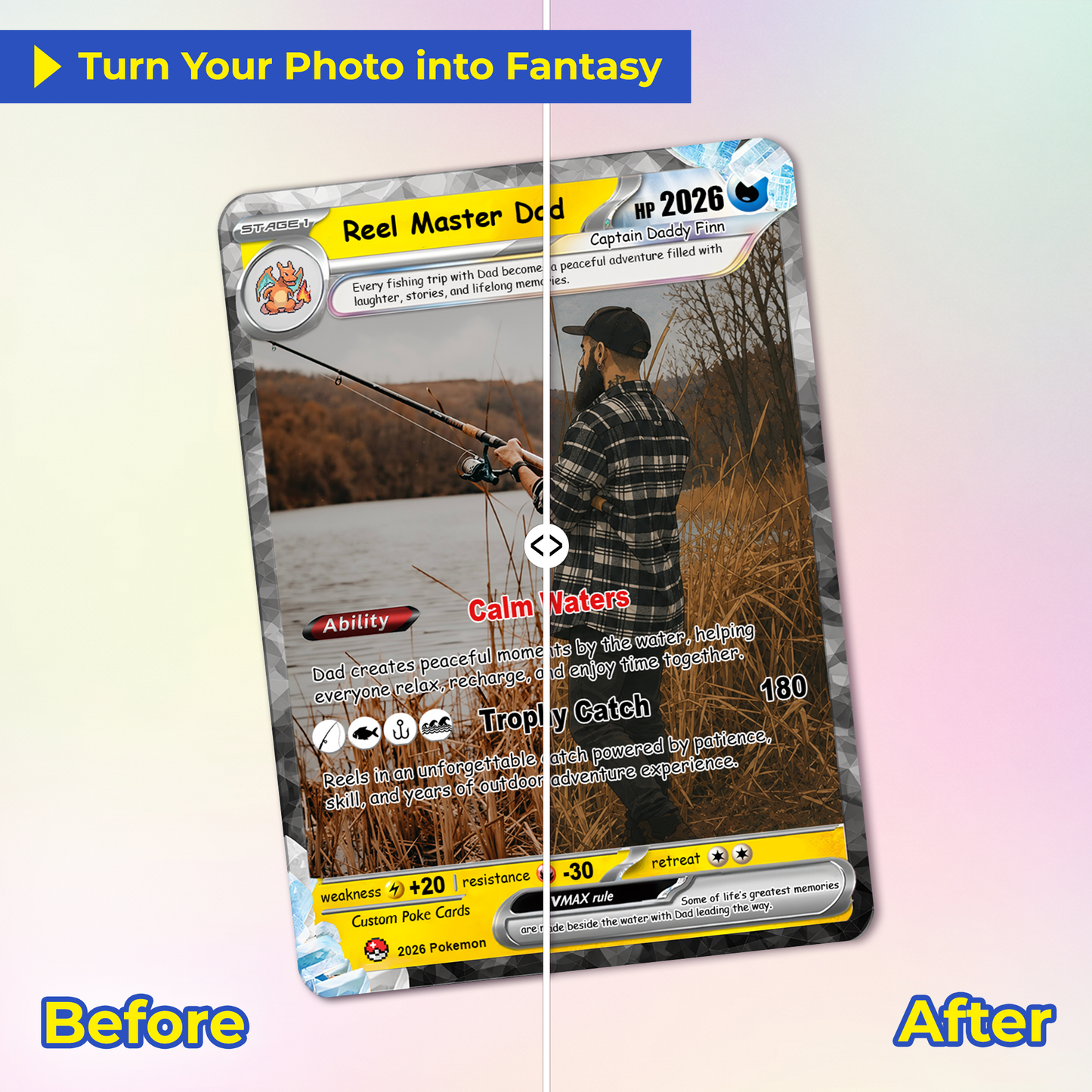 Fishing Dad Custom Pokémon Card for Father's Day - Father’s Day Personalized Pokémon Card for Fishing Lovers - Comic Anime Customizable Gift from Wife, Son & Daughter - CPC-138
