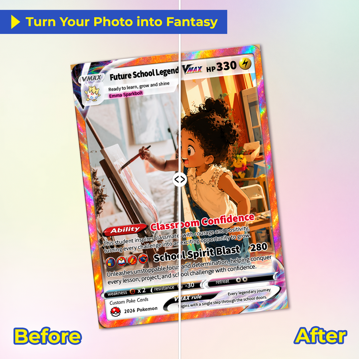 Back to School Custom Pokémon Card - Personalized Pokémon Card with Anime Picture for Kids, Students - First Day of School Gift from Parents - CPC-BTS-01