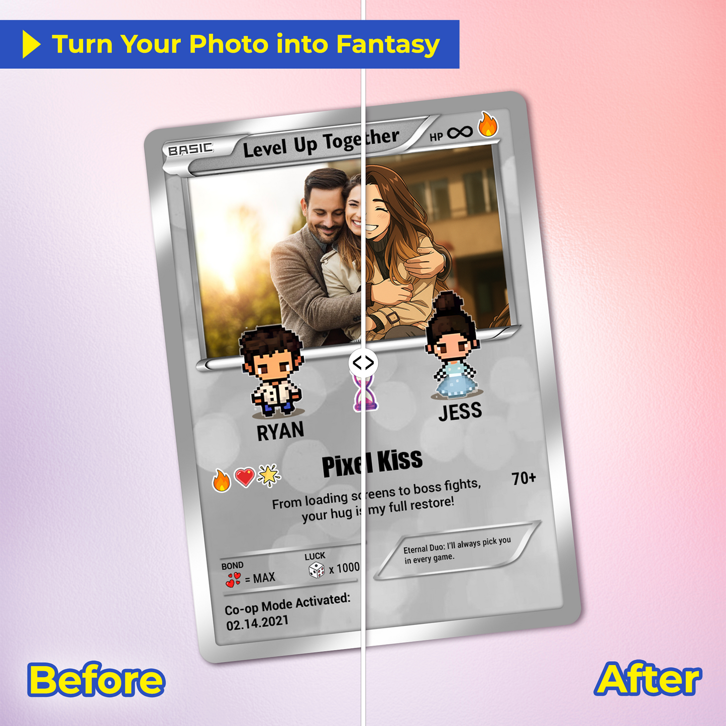 Pixel Characters & Anime Transformation Custom Pokemon Card - Personalized Poke Card for Couples - CPC-51