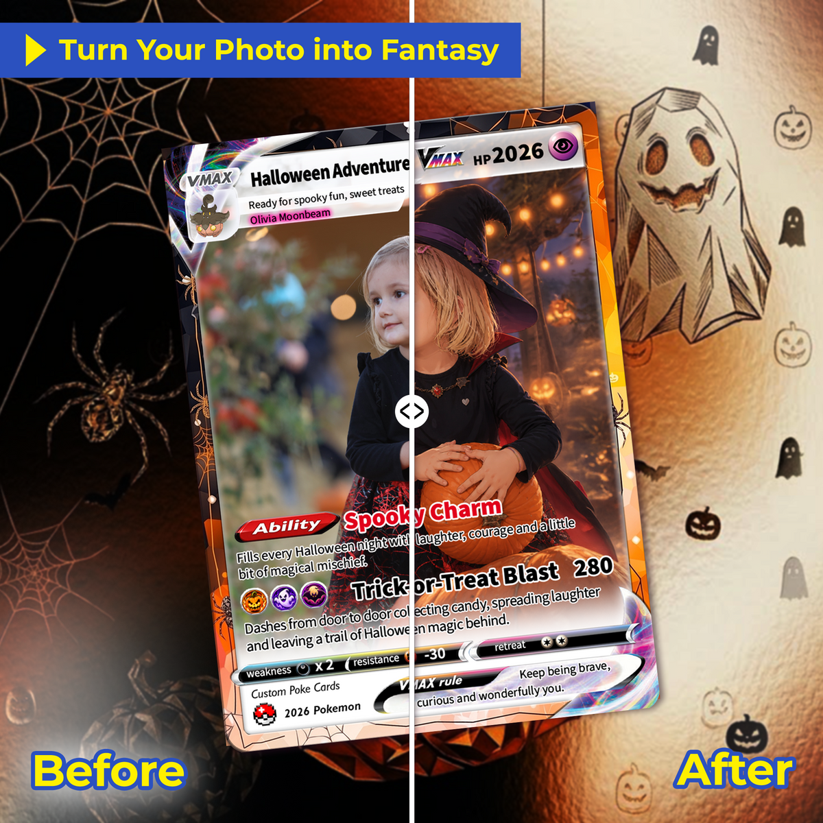 Custom Pokémon Card for Kids, Halloween Anime Transformation Photo Poke Card, Personalized Halloween Gift for Children, Custom Pokémon Gift - CPC-hlw-12