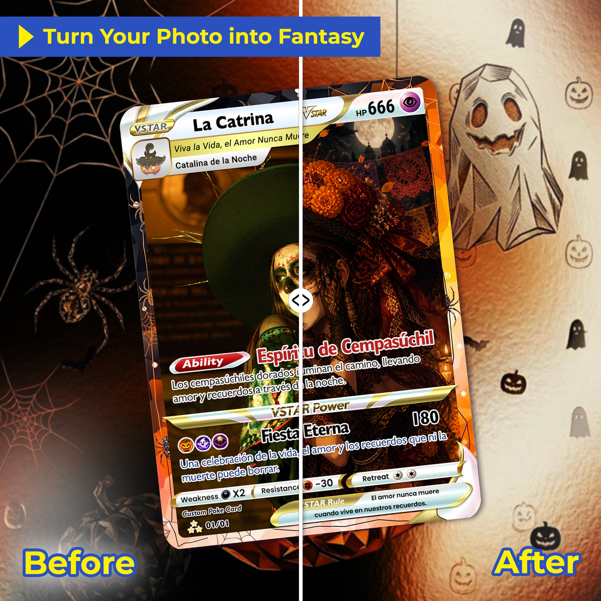Custom Día de los Muertos Pokémon Card | Personalized Day of the Dead Card | La Catrina Gift for Him & Her - CPC-hlw-16