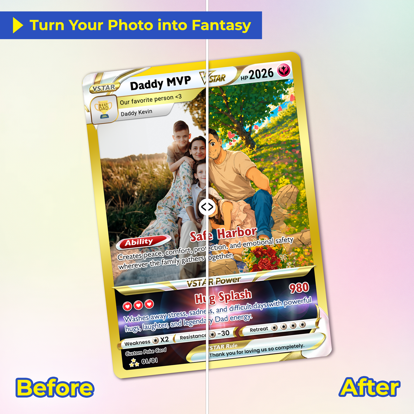 Happy Father's Day Custom Pokémon Card - Hot Comic Anime Style Personalized Pokémon Card for Dad - Perfect Gift from Wife & Kids - CPC-117.B