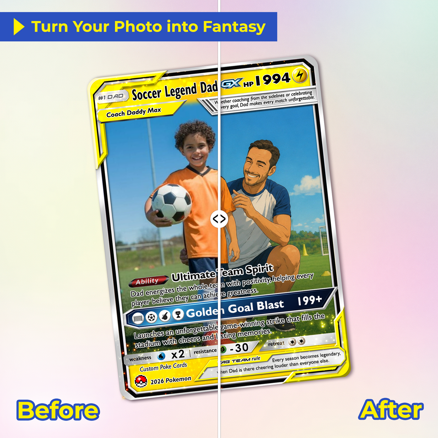 Soccer Dad Custom Pokémon Card for Father's Day - Father’s Day Personalized Pokémon Card for Sport Dad - Comic Anime Style Customizable Gift from Supporter, Wife, Son & Daughter - CPC-133