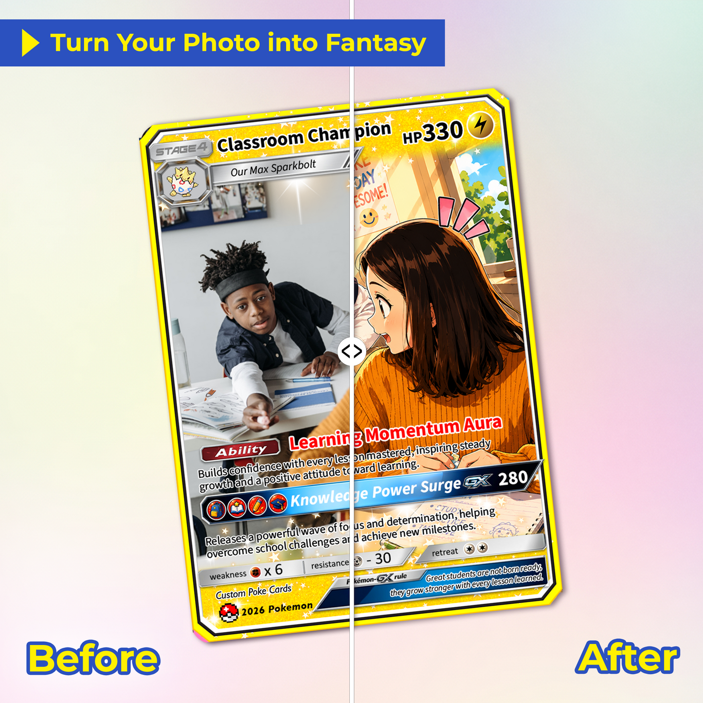 Classroom Champion Back to School Personalized Pokémon Card - Custom Pokémon Card with Anime Picture for Kids, Students - First Day of School Gift from Parents - CPC-BTS-03