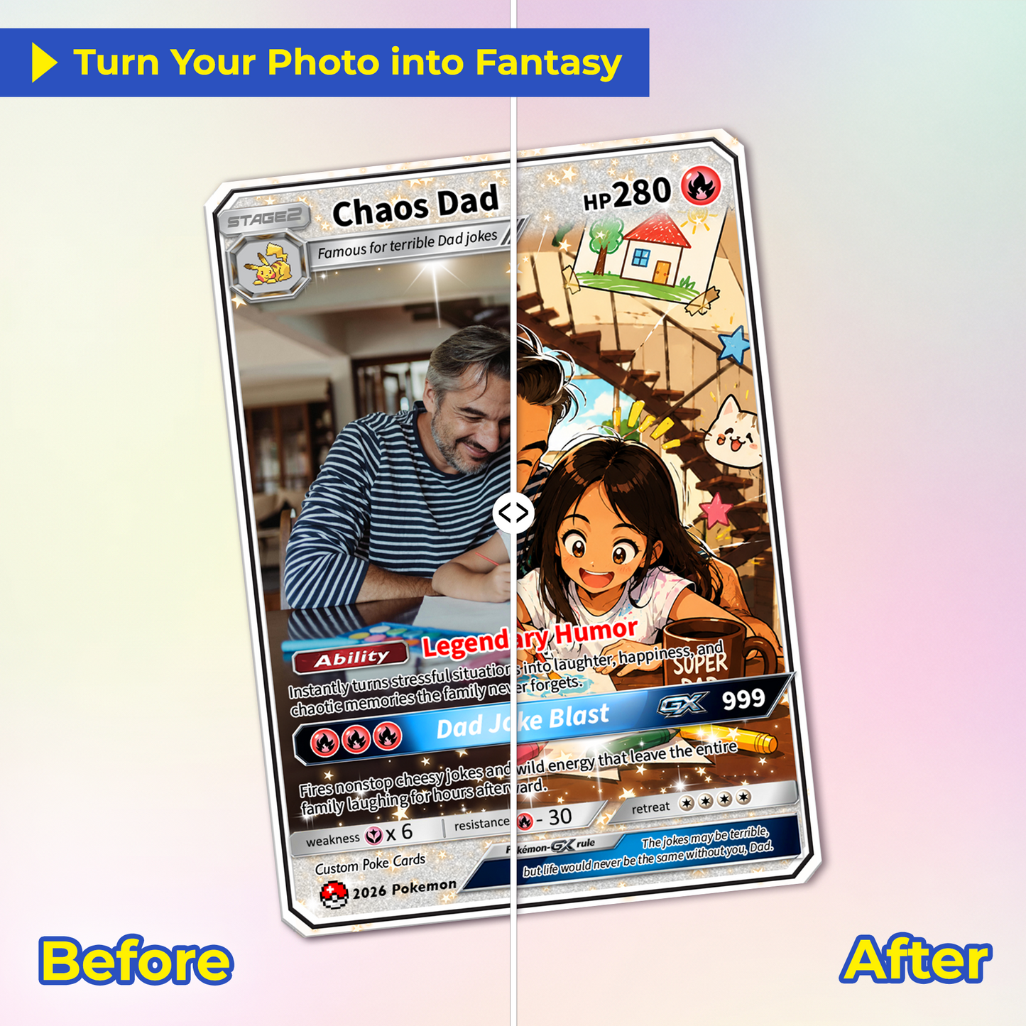 Funny Father's Day Custom Pokémon Card - HOT Trend Comic Anime Style Personalized Pokémon Card for Dad - Perfect Gift from Wife & Kids - CPC-119