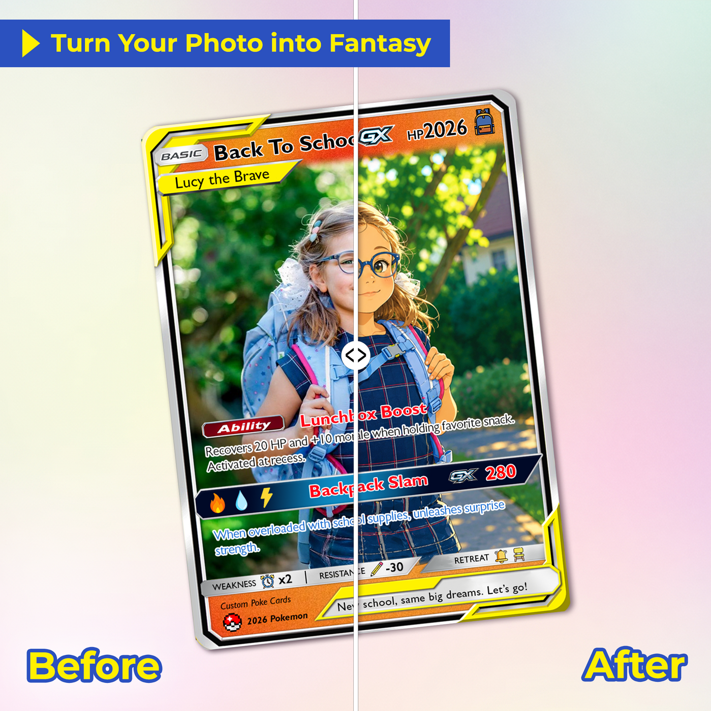 Back to School Gift for Pokémon Fans - Custom Pokémon Card with Anime Picture for Kids, Students - Personalized First Day of School Gift from Parents - CPC-147