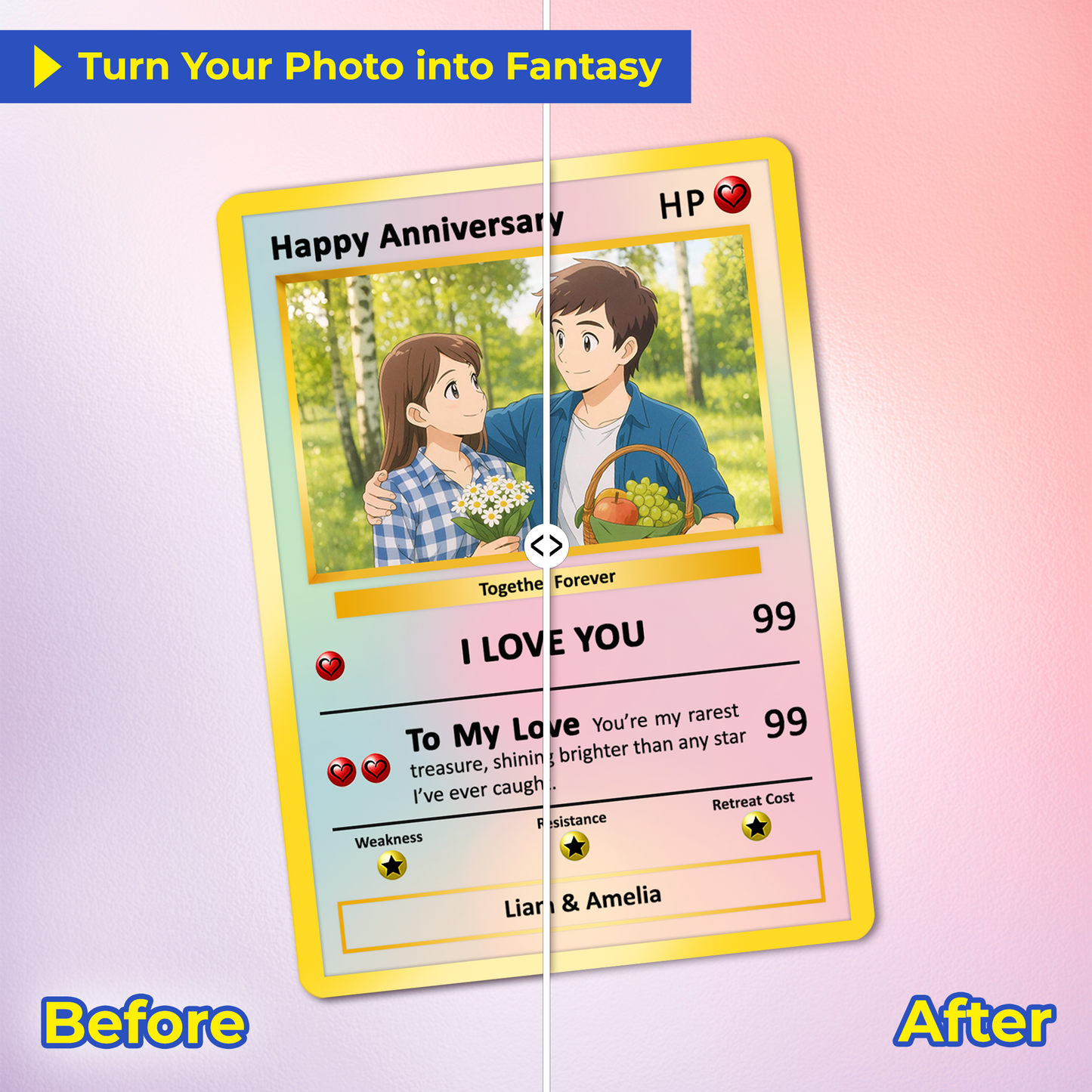 Happy Anniversary Card, Custom Pokémon Cards with Anime Picture, Personalized Poke Cards Animated Style Gifts for Him and Her - CPC-61