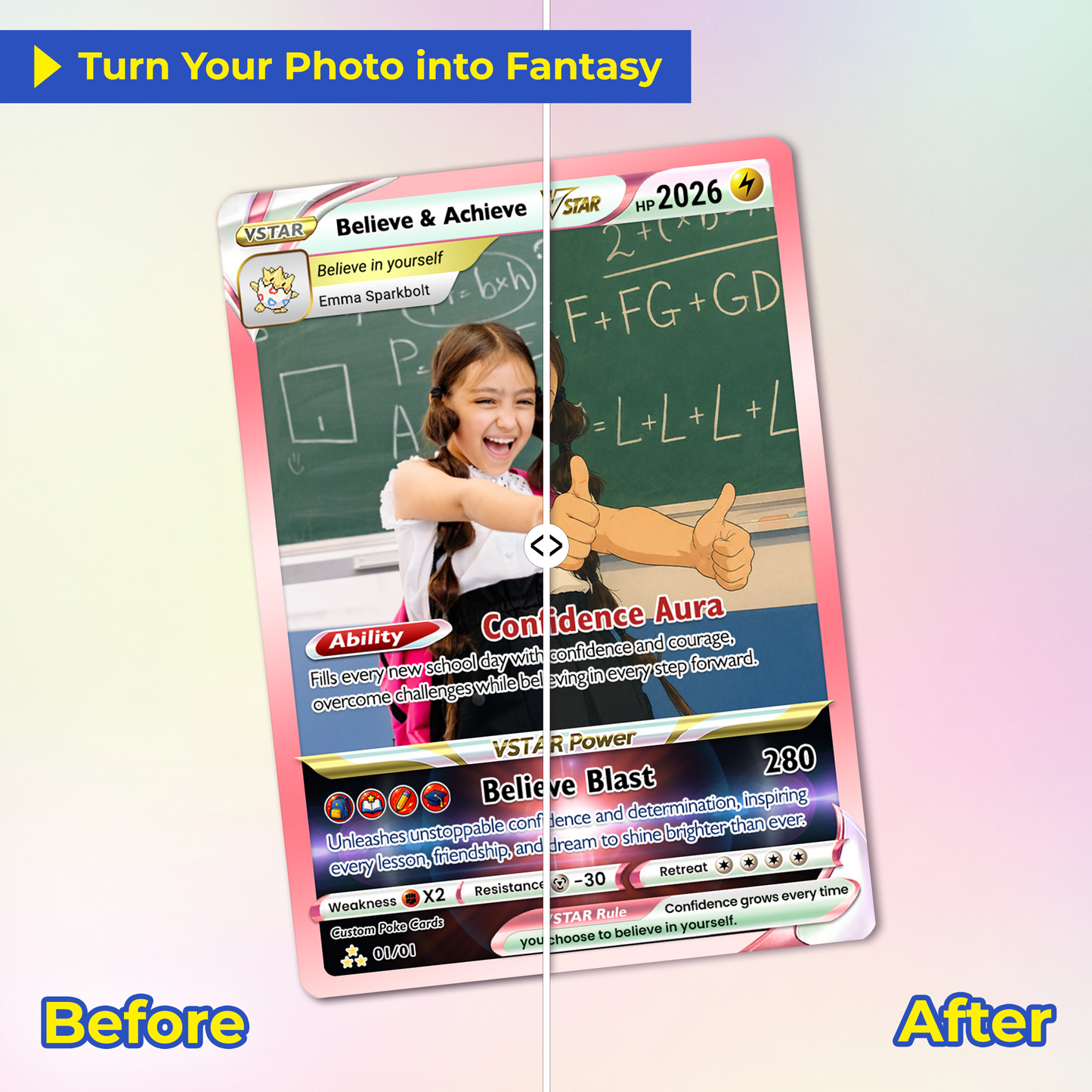 Back to School Custom Pokémon Card - Personalized Pokémon Card with Anime Picture for Kids, Students - First Day of School Gift from Parents - CPC-BTS-18